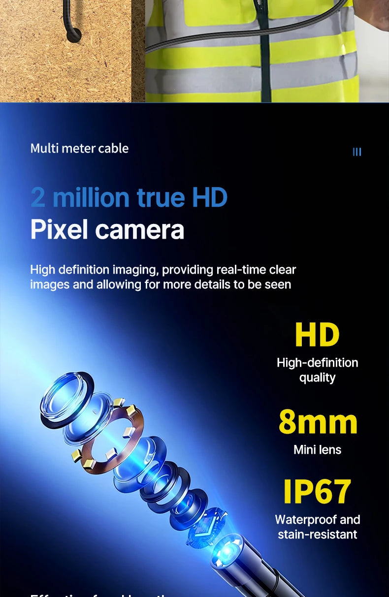 Close-up of an HD pixel camera probe with an 8mm mini lens and IP67 waterproof rating.