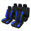 A set of four black memory foam seat cushions with blue accents for vehicles.