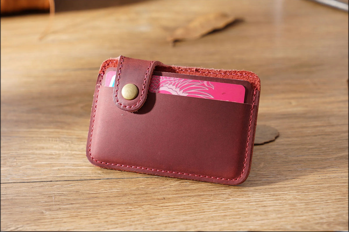 Vintage Leather Slim Card Holder with Snap Closure