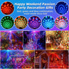 A collection of multi-mode disco balls showing red, green, and blue light combinations and festive party decorations.