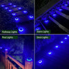 Four images showing various outdoor lighting installations including pathway lights, stairs lights, post lights, and deck lig