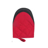 A red quilted oven mitt with a black cuff and a gathered wrist strap.