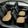 Interior view of a car with black seat covers featuring tan leather accents and breathable PU material.