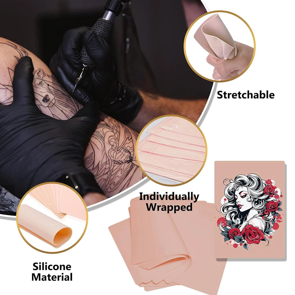 A kit for tattoo practice featuring stretchable silicone material and individually wrapped thermal transfer paper.