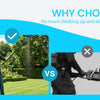 Comparison image showing a person using a pole saw versus a chainsaw.