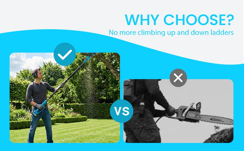Comparison image showing a person using a pole saw versus a chainsaw.