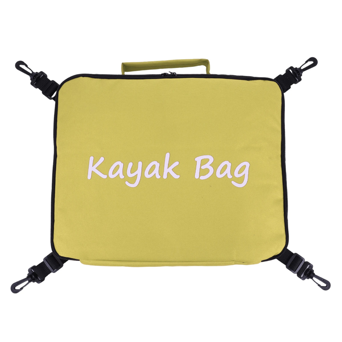 Yellow waterproof kayak bag with black straps and a handle