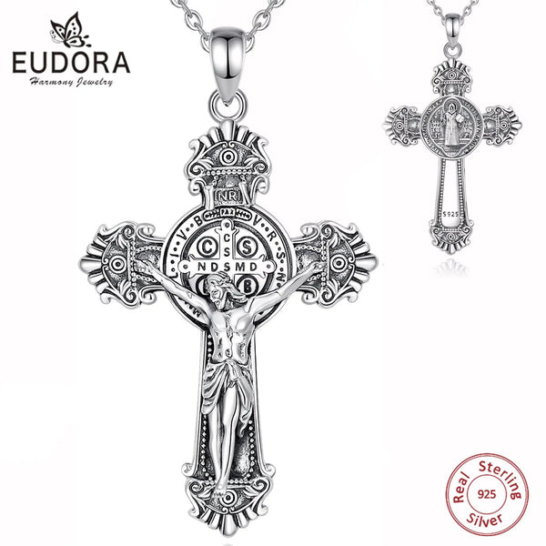 Colgante de medalla de plata esterlina San Benito con diseño de cruz e iconografía religiosa