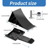 A black heavy-duty rubber wheel chock is shown in multiple views, including its size and mounting hardware.
