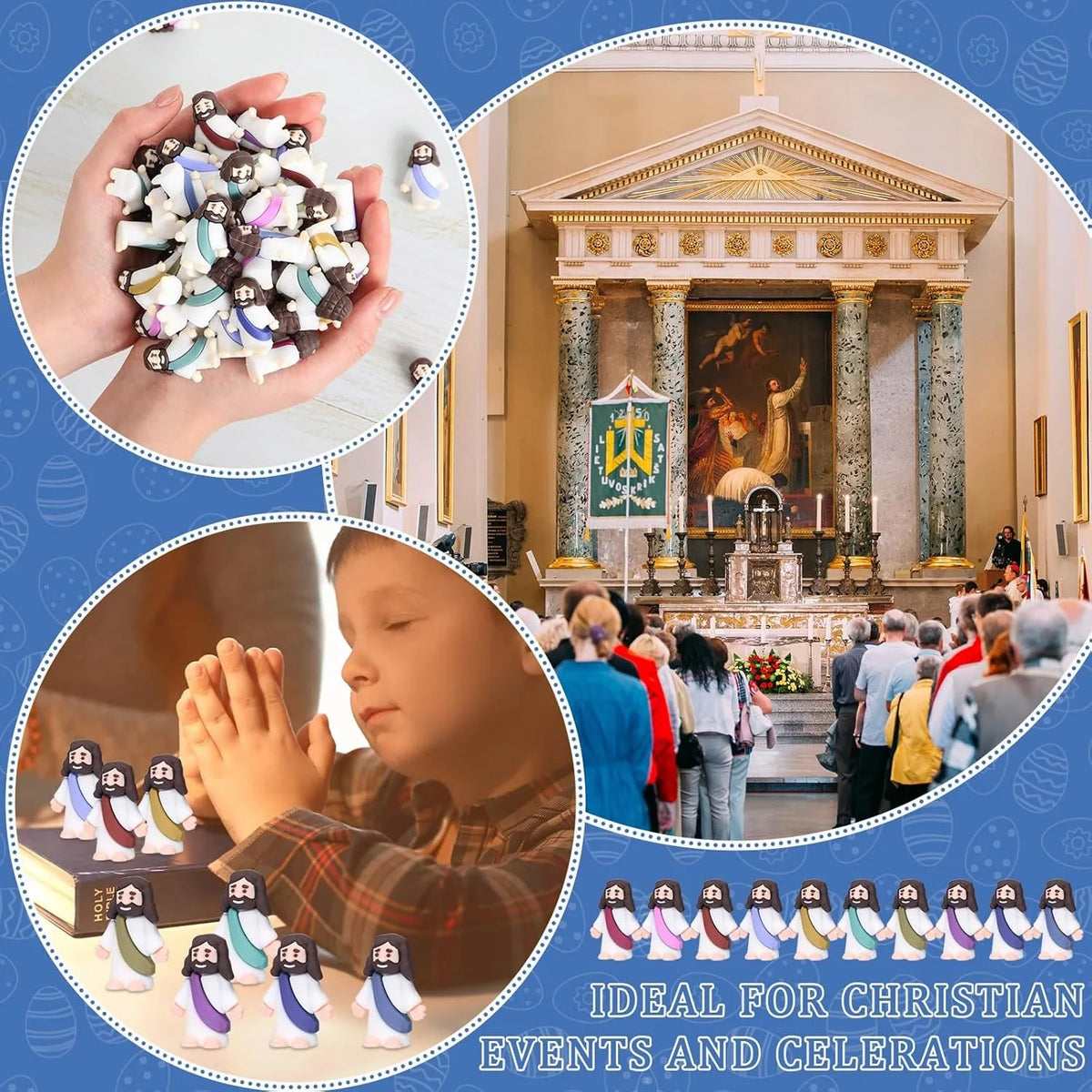 A hand holds a cluster of small Jesus figurines for Christian events and celebrations.