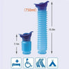 A blue portable urinal with a 750ml capacity and various usage icons.