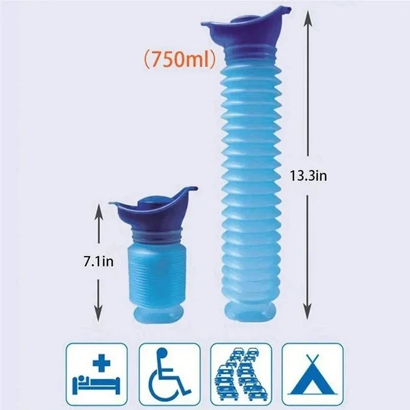 A blue portable urinal with a 750ml capacity and various usage icons.