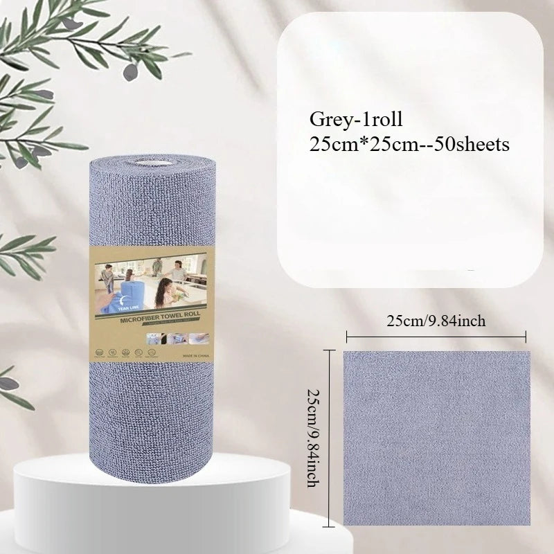 A roll of grey microfiber cleaning wipes, 25cm wide, packaged for kitchen and general use.