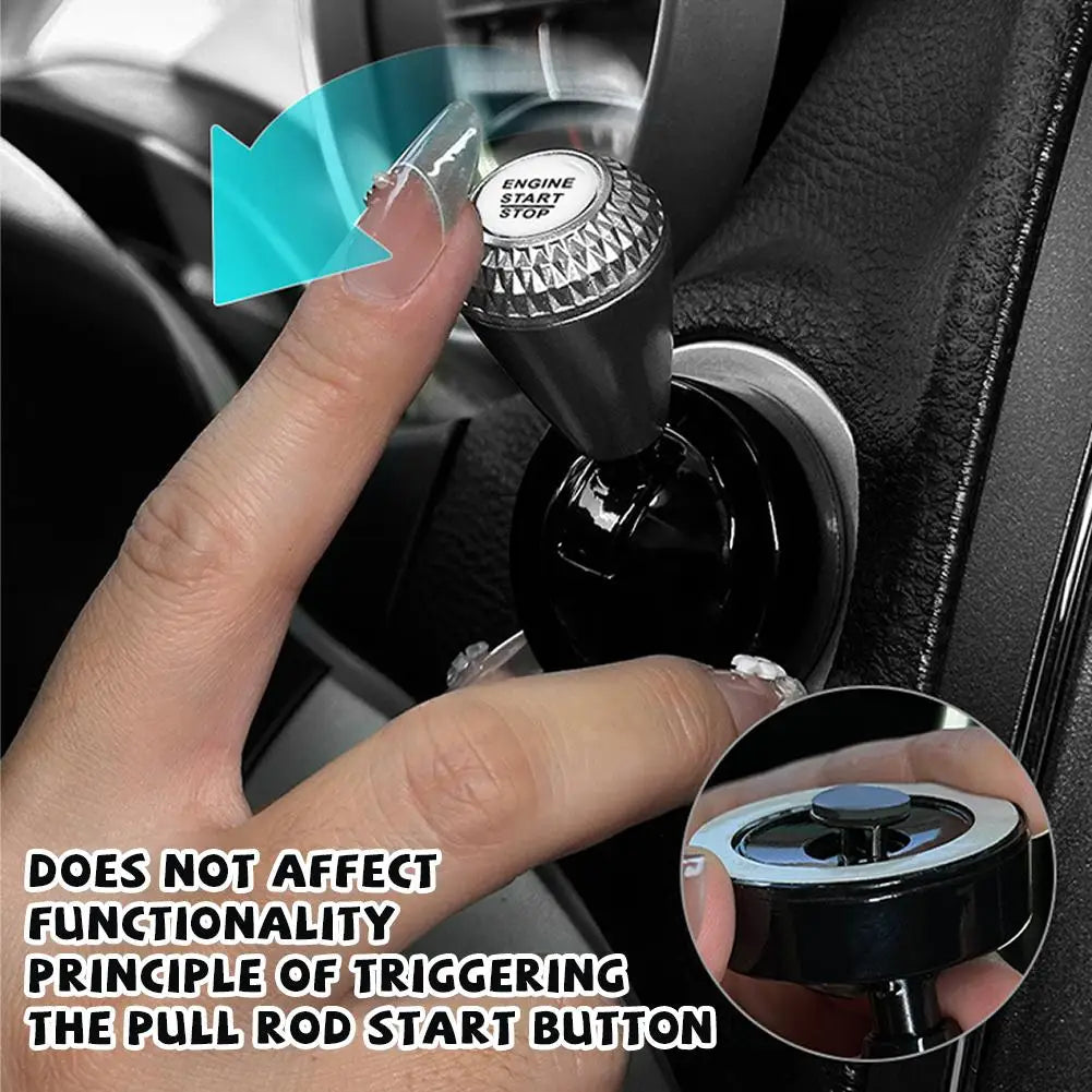 A hand is shown pressing an engine start stop button on a car dashboard, demonstrating the functionality of a pull rod start 