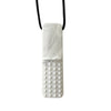 A white marbled silicone sensory chew necklace with a textured dome pendant on a black cord.