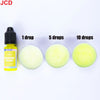 A set of yellow liquid candle dye in dropper bottles showing 1, 5, and 10 drops on a white surface.