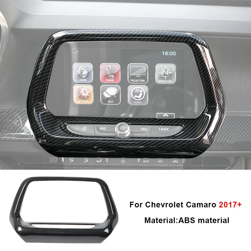 Carbon fiber interior trim kit for Chevrolet Camaro 2017+ featuring a digital display and controls