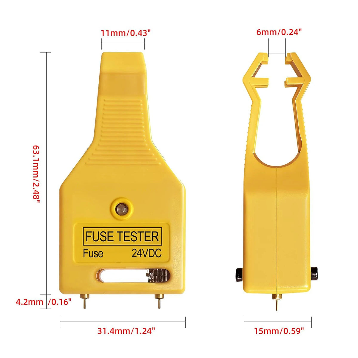 Yellow automotive fuse tester tool with a puller function and LED indicator