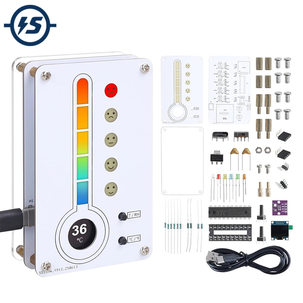 A DIY temperature and humidity meter soldering kit featuring a digital display, sensors, and wiring components.