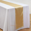 Elegant satin gold table runner draped across a white tablecloth.
