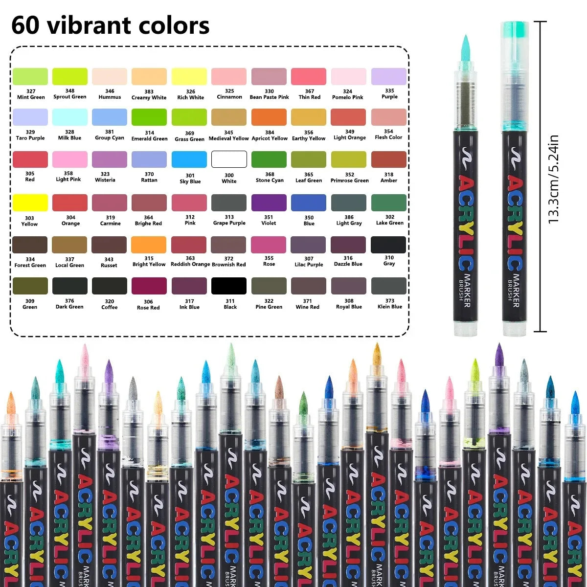 A set of acrylic markers displaying 60 vibrant colors arranged in a grid.