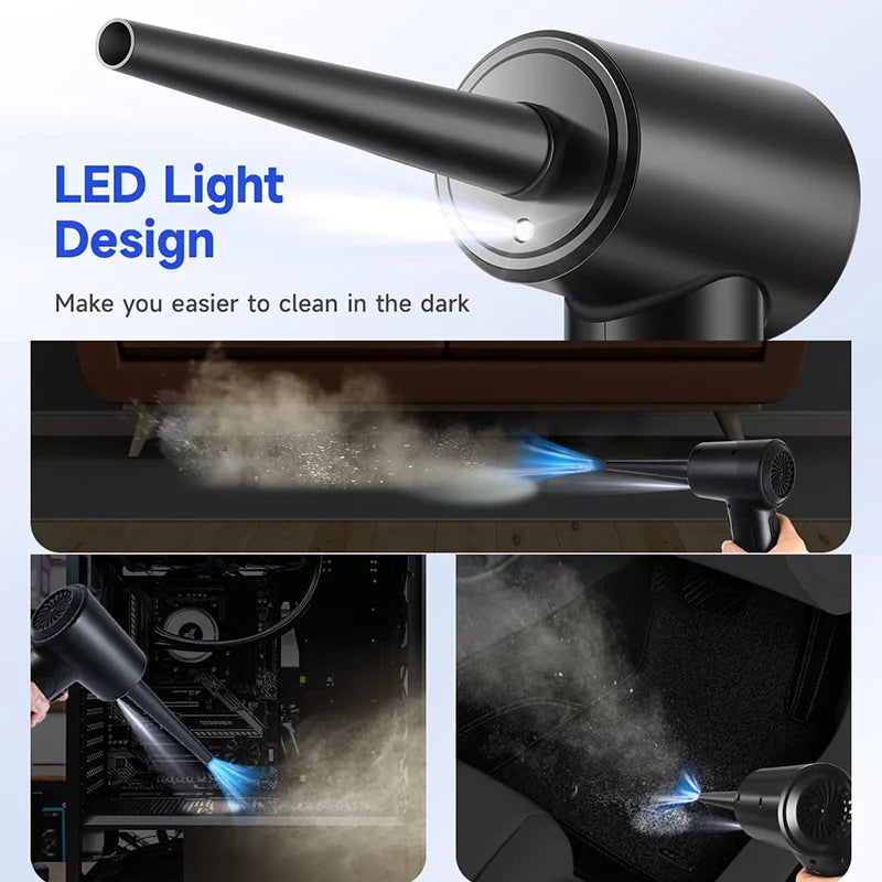 Schwarzer kabelloser Elektroduster mit LED-Licht reinigt Staub von elektronischen Bauteilen.