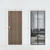 A modern wooden door next to a glass sliding door frame, showing dimensions and interior view.