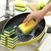 A hand is placing a yellow scouring pad into a black frying pan, surrounded by other yellow and green pads.