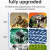 A digital microscope display showing magnified details of a bee, a leaf, and various textures at different zoom levels.