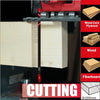A close-up of a wood cutting process showing a jigsaw blade cutting through plywood and wood boards.