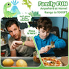 A man and a boy are shown interacting with a dinosaur head walkie talkie set for kids in a home setting.
