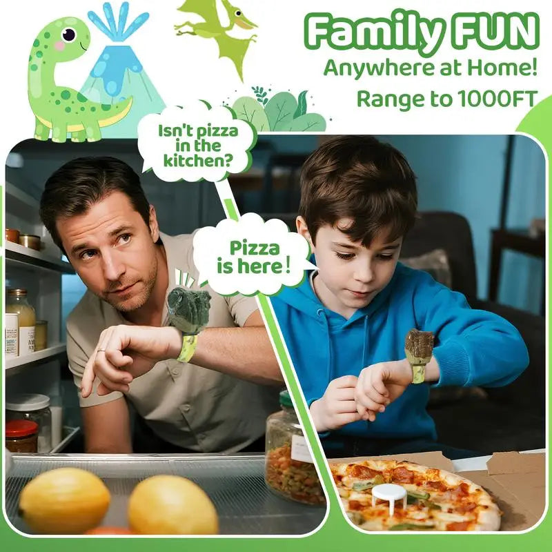 A man and a boy are shown interacting with a dinosaur head walkie talkie set for kids in a home setting.