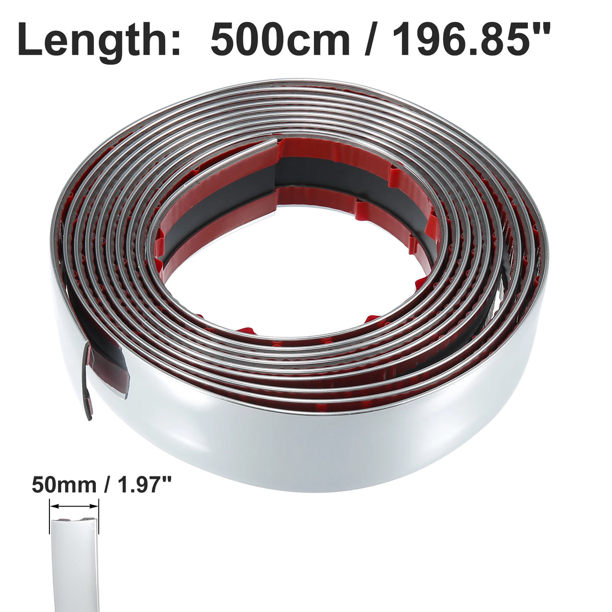 A roll of chrome car door edge guard trim strip with a length of 500cm or 196.85 inches.