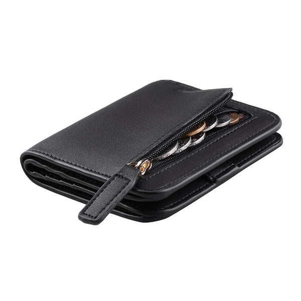 A black compact bi-fold leather wallet with a gold-toned zipper and leather strap.
