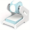 A white thermal label holder device is shown, featuring a roll and a fan-folded label section.