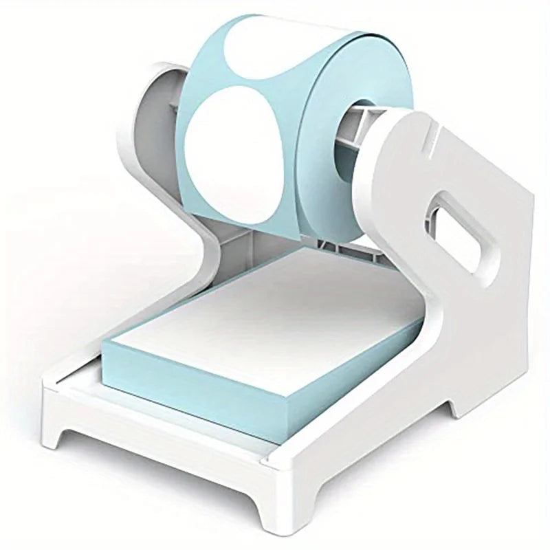 A white thermal label holder device is shown, featuring a roll and a fan-folded label section.