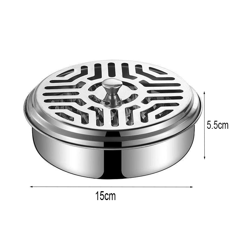 Stainless steel mosquito coil holder with a lid, featuring a perforated design and a 5.5cm height.