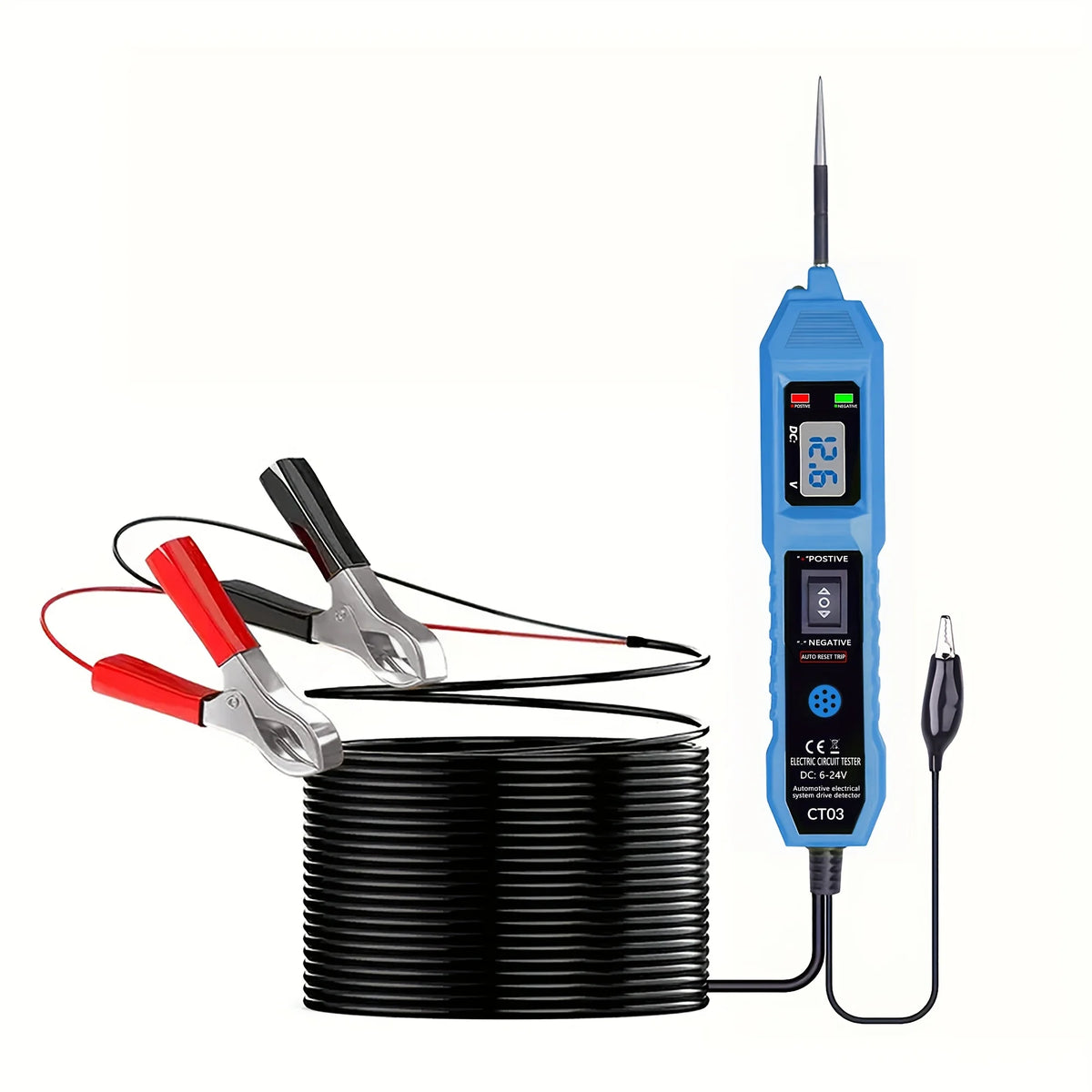 A blue digital car circuit tester with an LED voltage display and probe connected to a black cable.