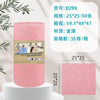 Roll of pink microfiber tear-off towels with product specifications and a swatch of the towel material