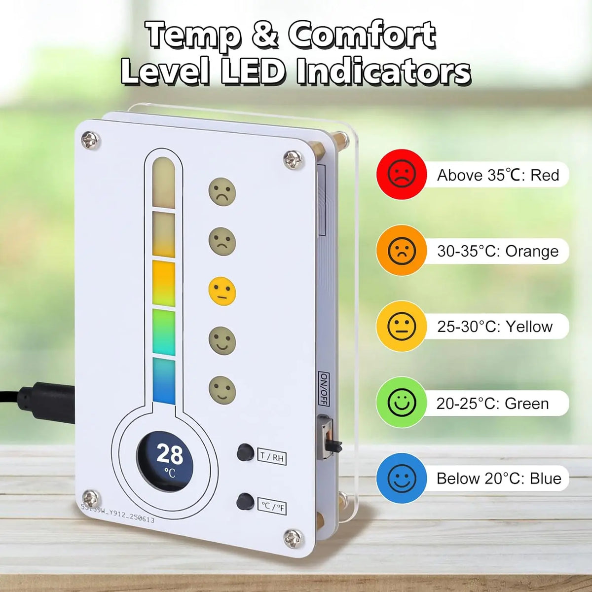 A white LED temperature and humidity indicator device showing a digital display of 28 degrees with colored LEDs indicating te