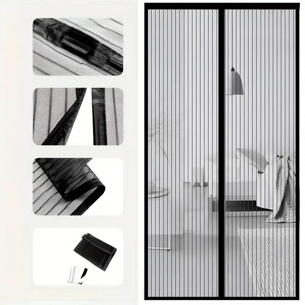 A black magnetic door screen with a self-sealing mesh visible in a vertical panel design.