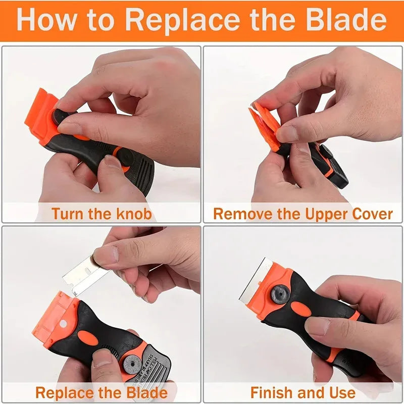Step-by-step guide showing how to replace the blade of a razor scraper tool