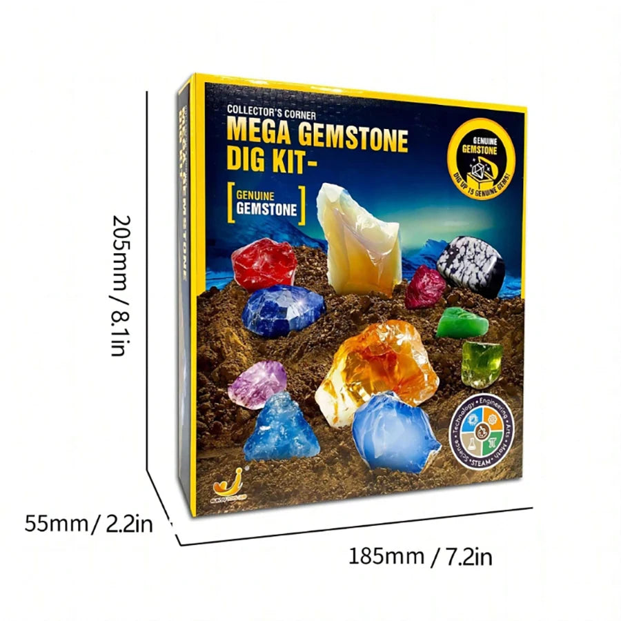 A box for a Mega Gemstone Dig Kit containing various real gemstones and excavation tools.
