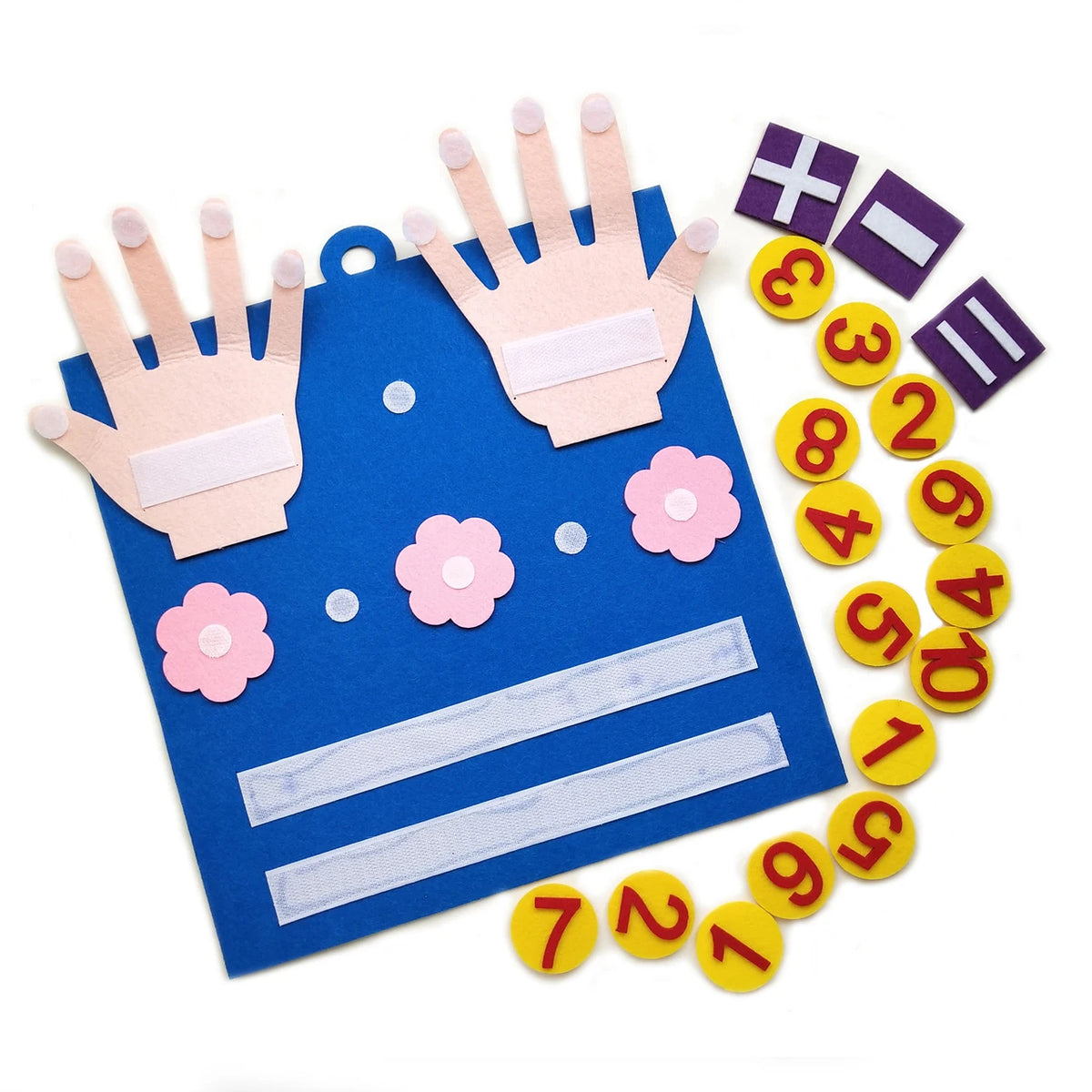 A blue felt board with pink handprints and yellow counting tiles, including numbers 1 through 10.