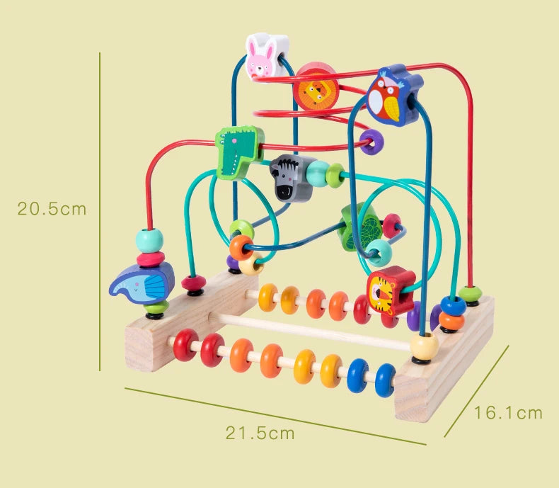 A wooden bead maze roller coaster toy featuring colorful beads and a counter mechanism.