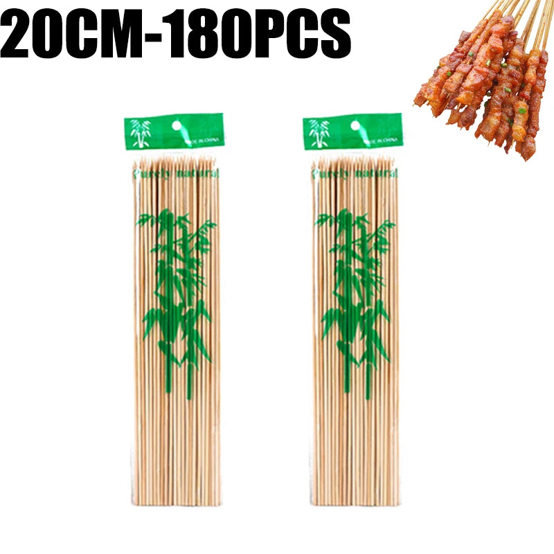 A set of natural bamboo skewers, 20cm long, packaged for BBQ and grilling.