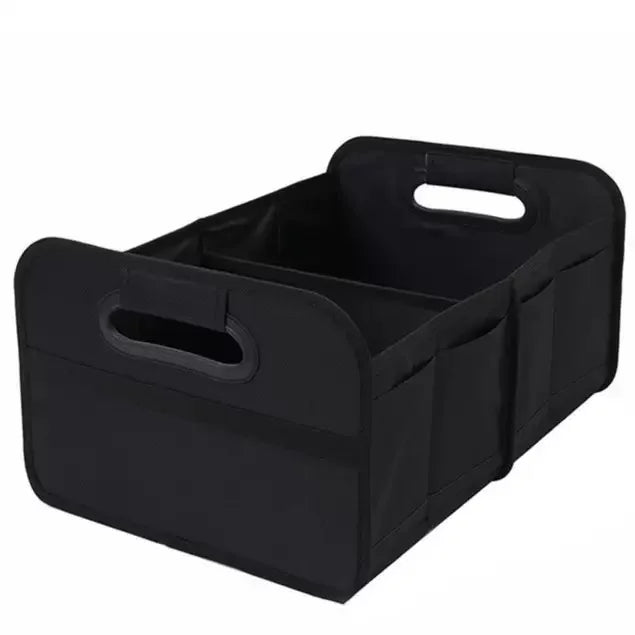 Black foldable car trunk organizer with carry handles.