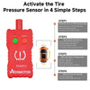 A red tire pressure sensor tool with four steps for activating the sensor in vehicles