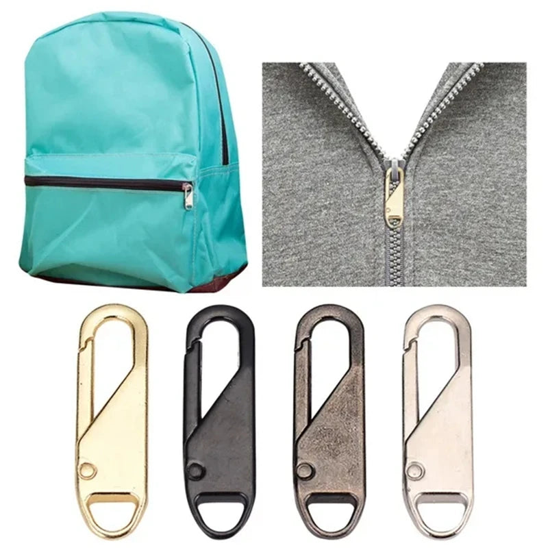 A collection of universal replacement zipper pulls in gold and silver finishes shown alongside a teal backpack.