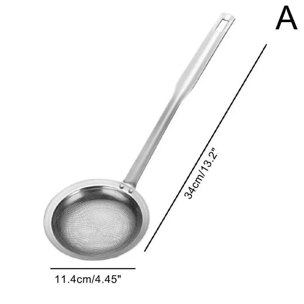 A stainless steel fine mesh skimmer spoon with a long handle and a shallow bowl.